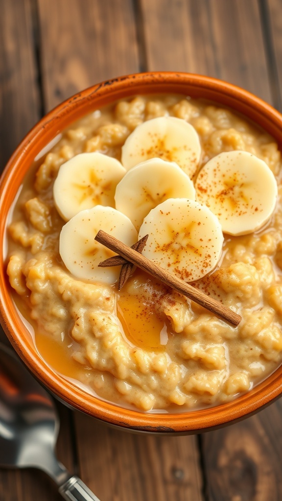 Golden Oatmeal Recipe A comforting bowl of golden oatmeal topped with bananas and honey on a rustic table.